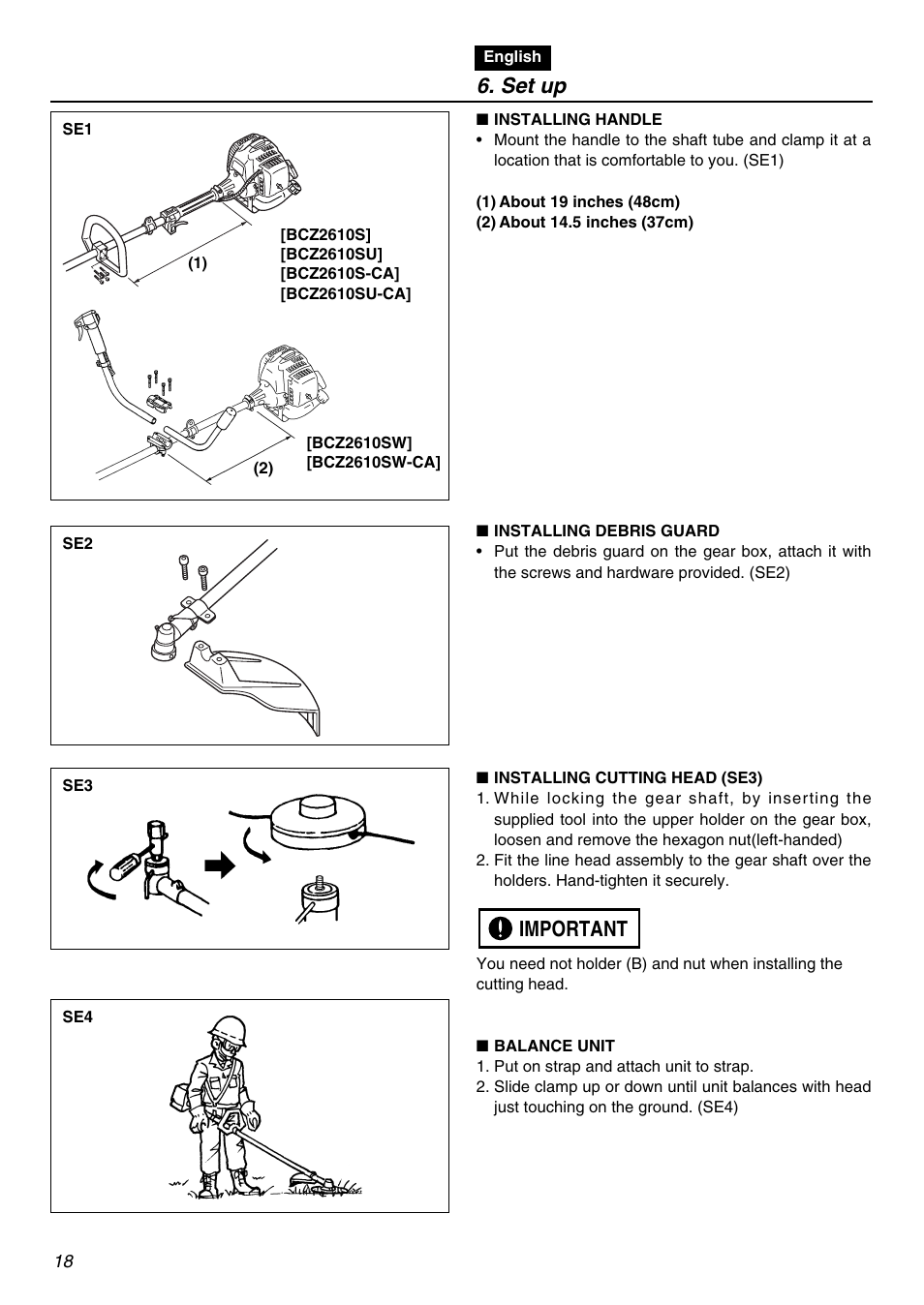 Set up, Important | Zenoah BCZ2610SU-CA User Manual | Page 18 / 64