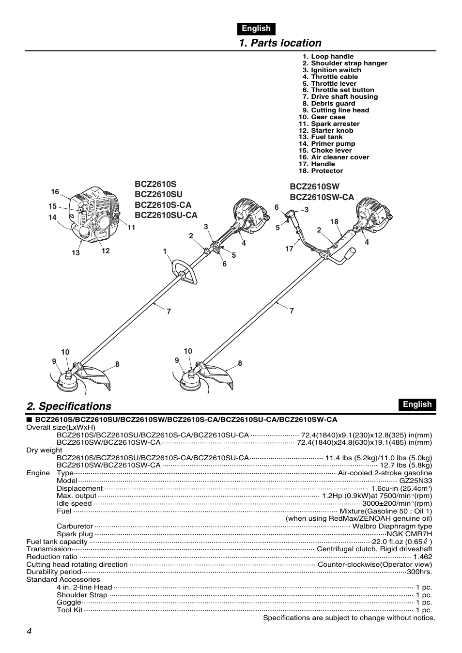 Parts location, Specifications | Zenoah BCZ2610SU-CA User Manual | Page 4 / 64