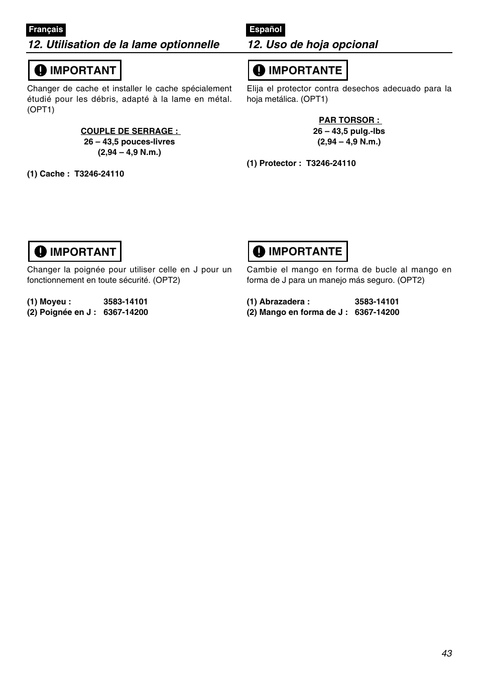 Important, Importante | Zenoah BCZ2610SU-CA User Manual | Page 43 / 64