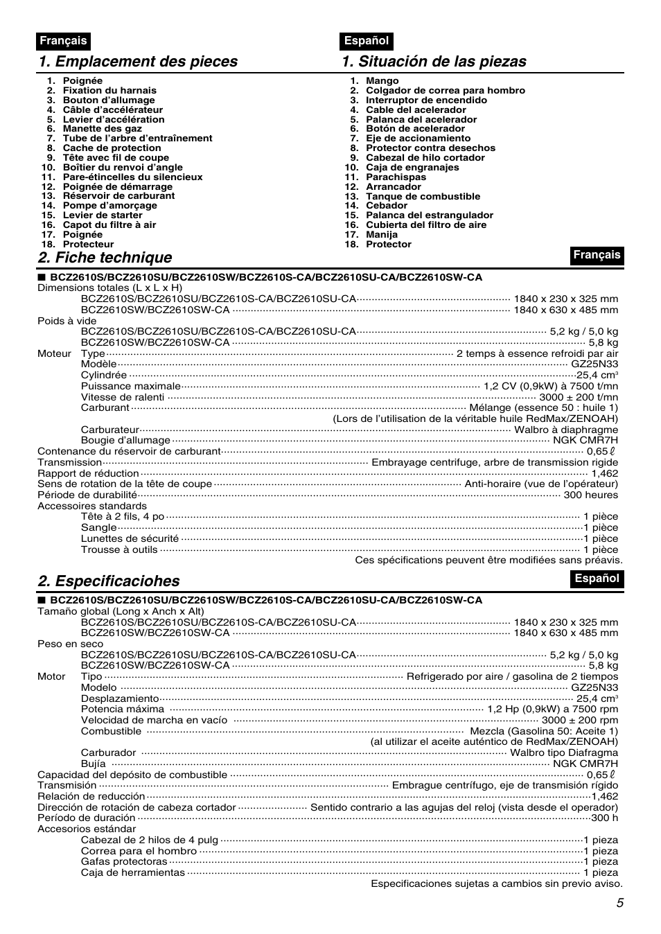 Emplacement des pieces 1. situación de las piezas, Fiche technique, Especificaciohes | Zenoah BCZ2610SU-CA User Manual | Page 5 / 64