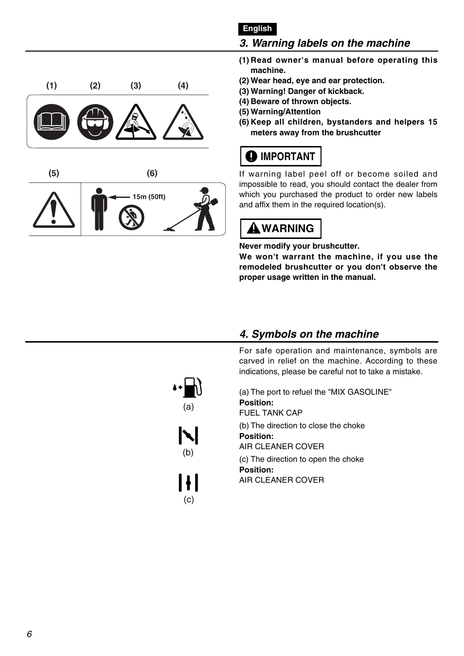 Warning labels on the machine, Warning important 4. symbols on the machine | Zenoah BCZ2610SU-CA User Manual | Page 6 / 64