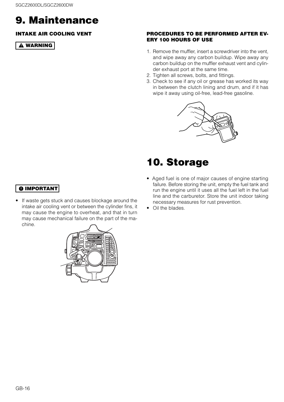 Maintenance, Storage | Zenoah SGCZ2600DW User Manual | Page 16 / 18