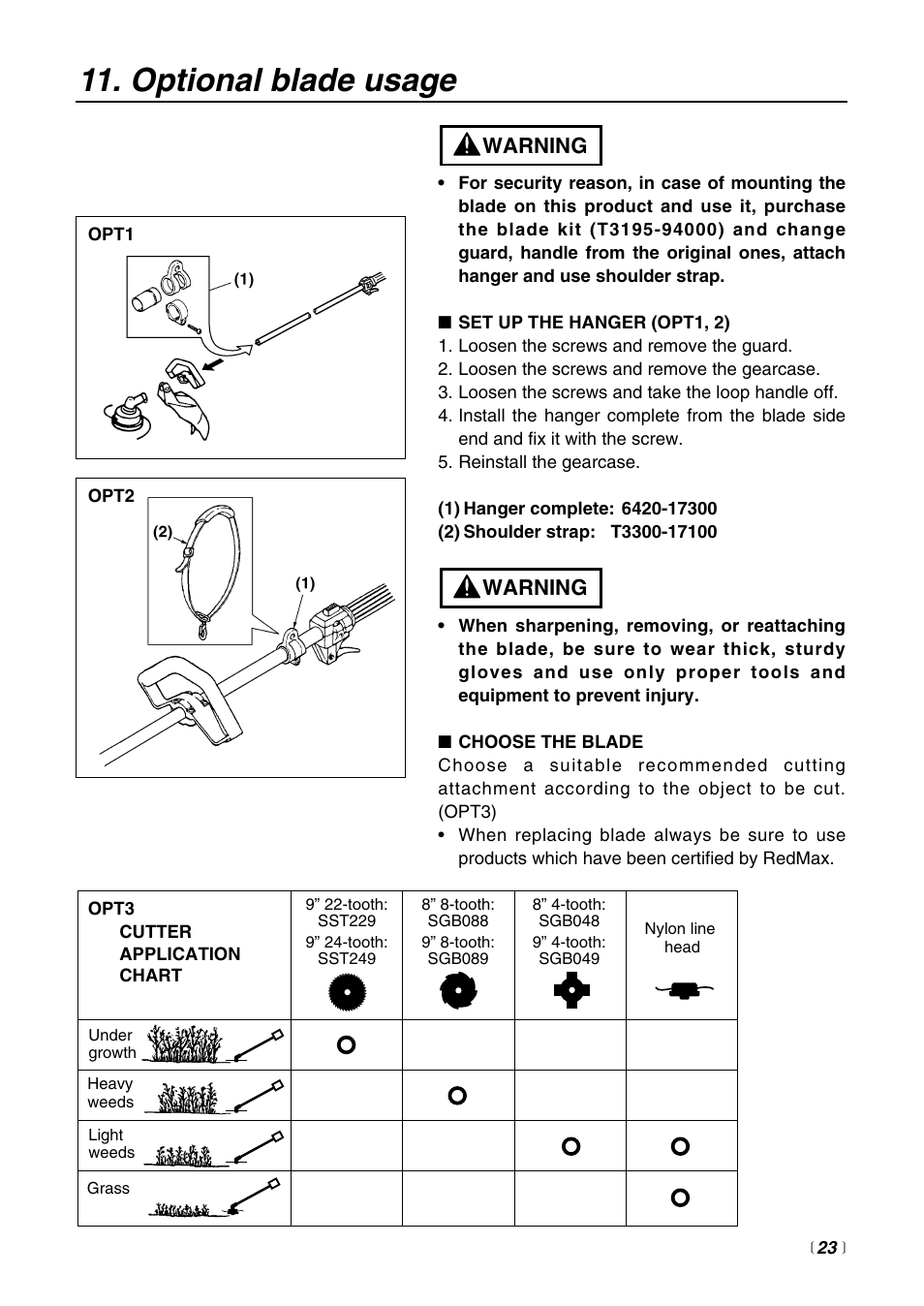 Optional blade usage, Warning | Zenoah BCZ2400S User Manual | Page 23 / 36