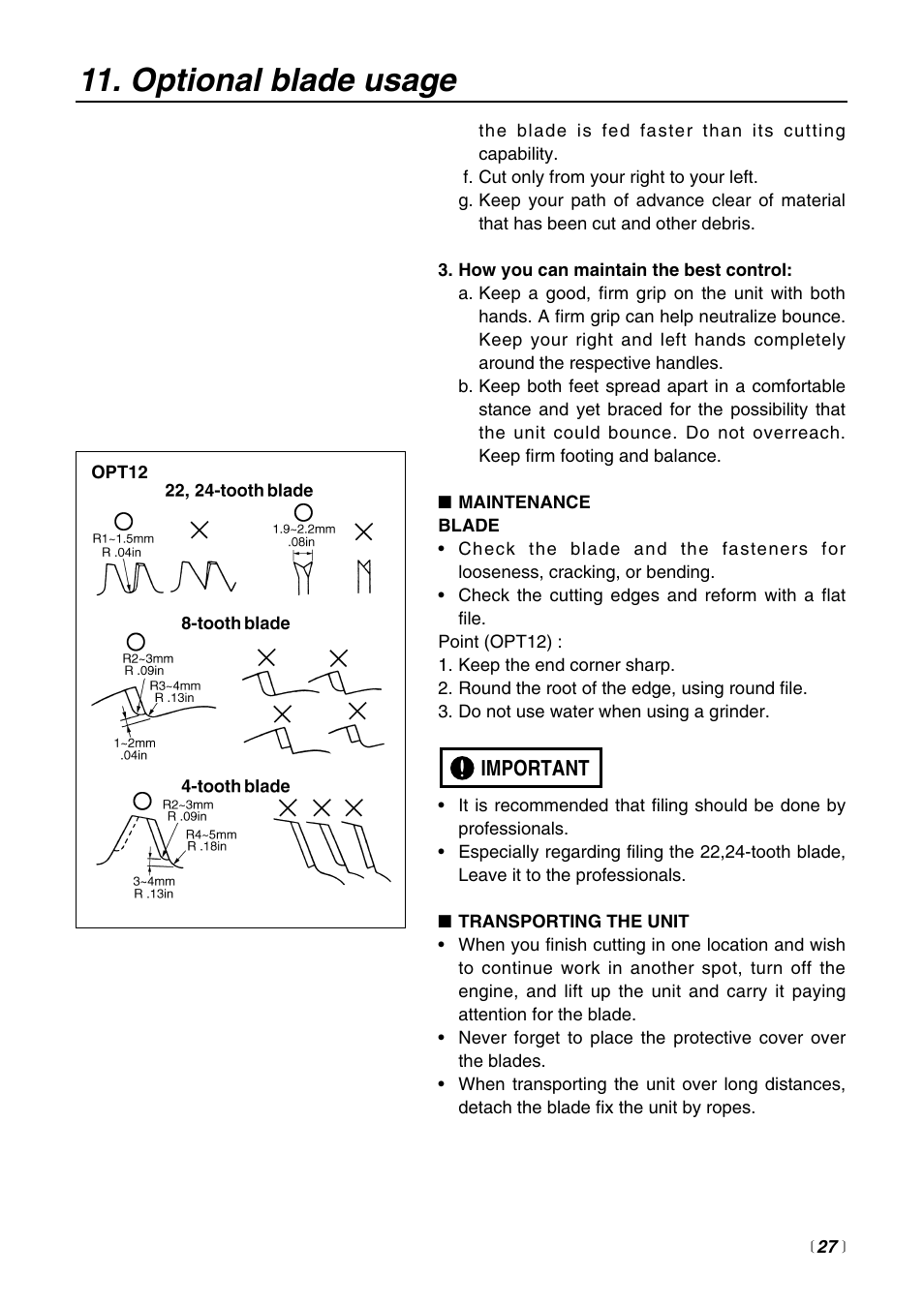 Optional blade usage | Zenoah BCZ2400S User Manual | Page 27 / 36