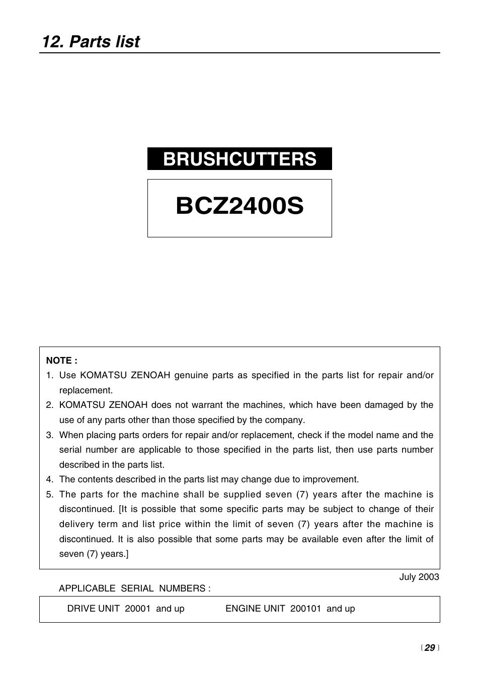 Bcz2400s, Brushcutters, Parts list | Zenoah BCZ2400S User Manual | Page 29 / 36