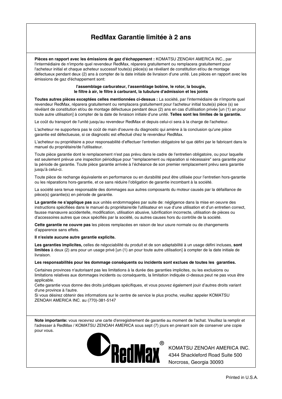 Redmax garantie limitée à 2 ans | Zenoah BCZ2400S User Manual | Page 36 / 36