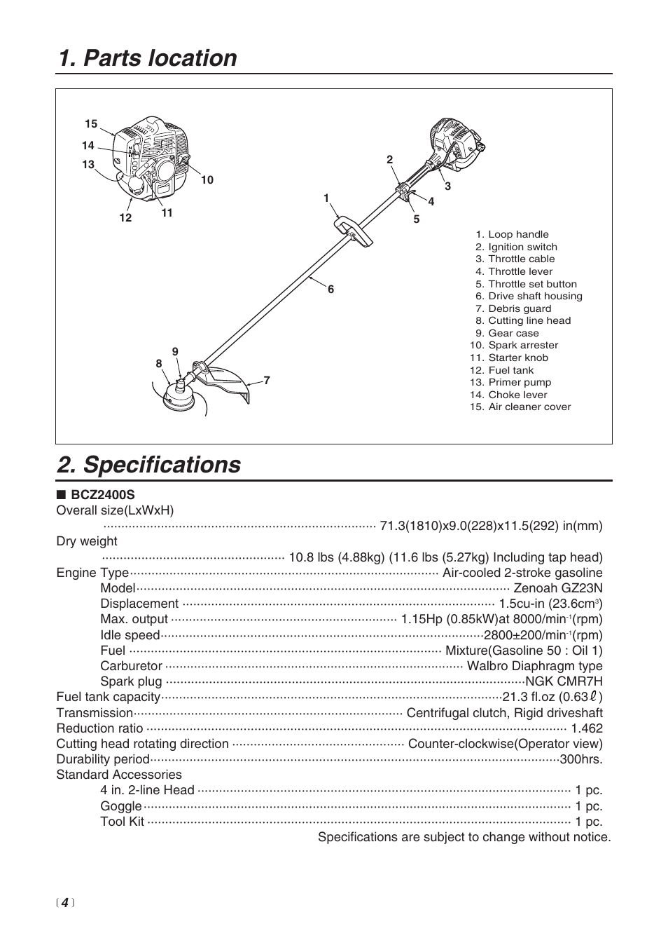 Specifications, Parts location | Zenoah BCZ2400S User Manual | Page 4 / 36