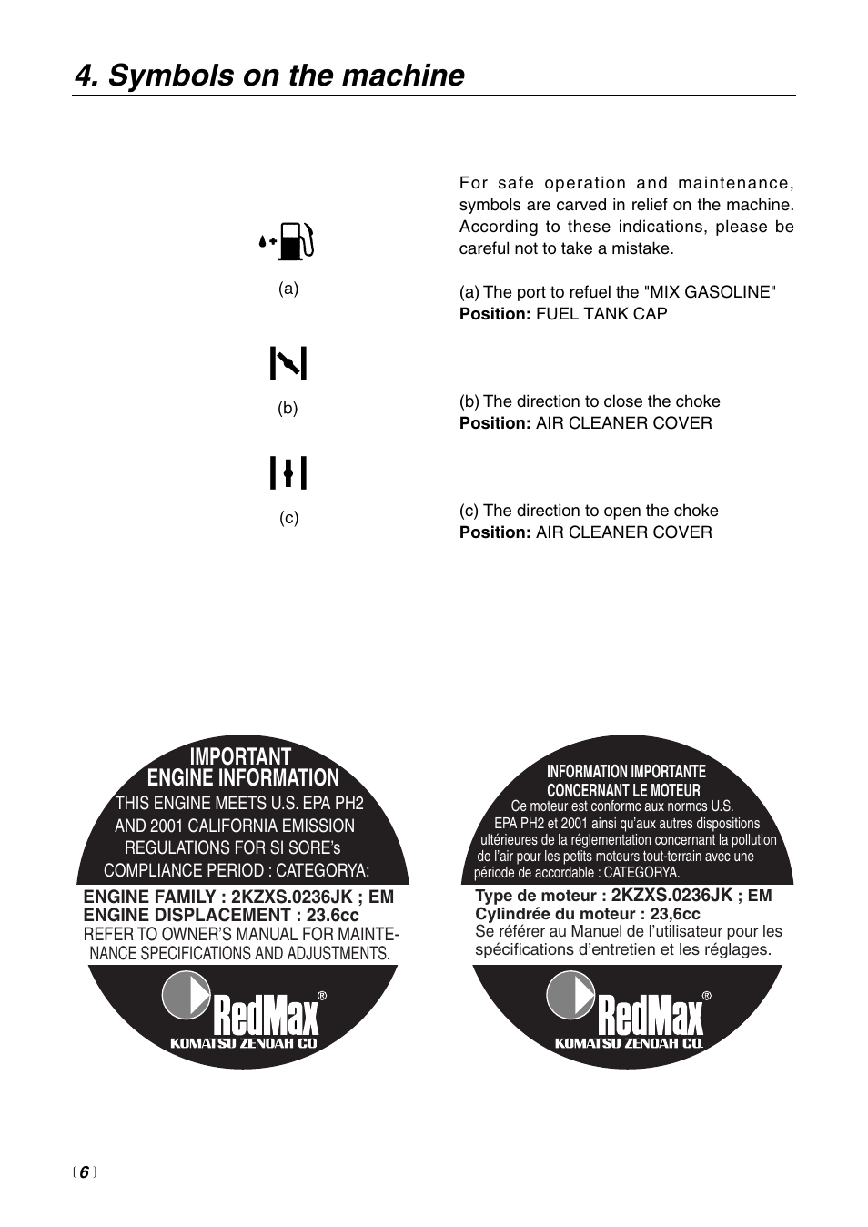 Symbols on the machine, Important engine information | Zenoah BCZ2400S User Manual | Page 6 / 36