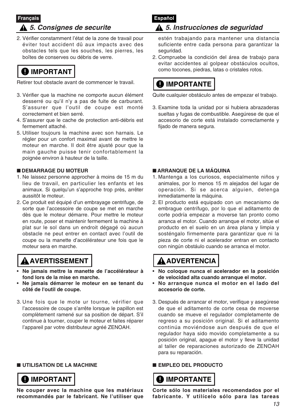 Important avertissement important | Zenoah HTZ2401L  EU User Manual | Page 13 / 56