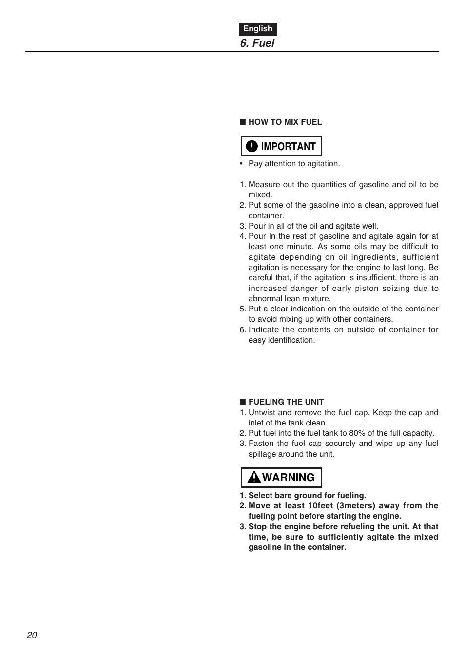 Warning important 6. fuel | Zenoah HTZ2401L  EU User Manual | Page 20 / 56