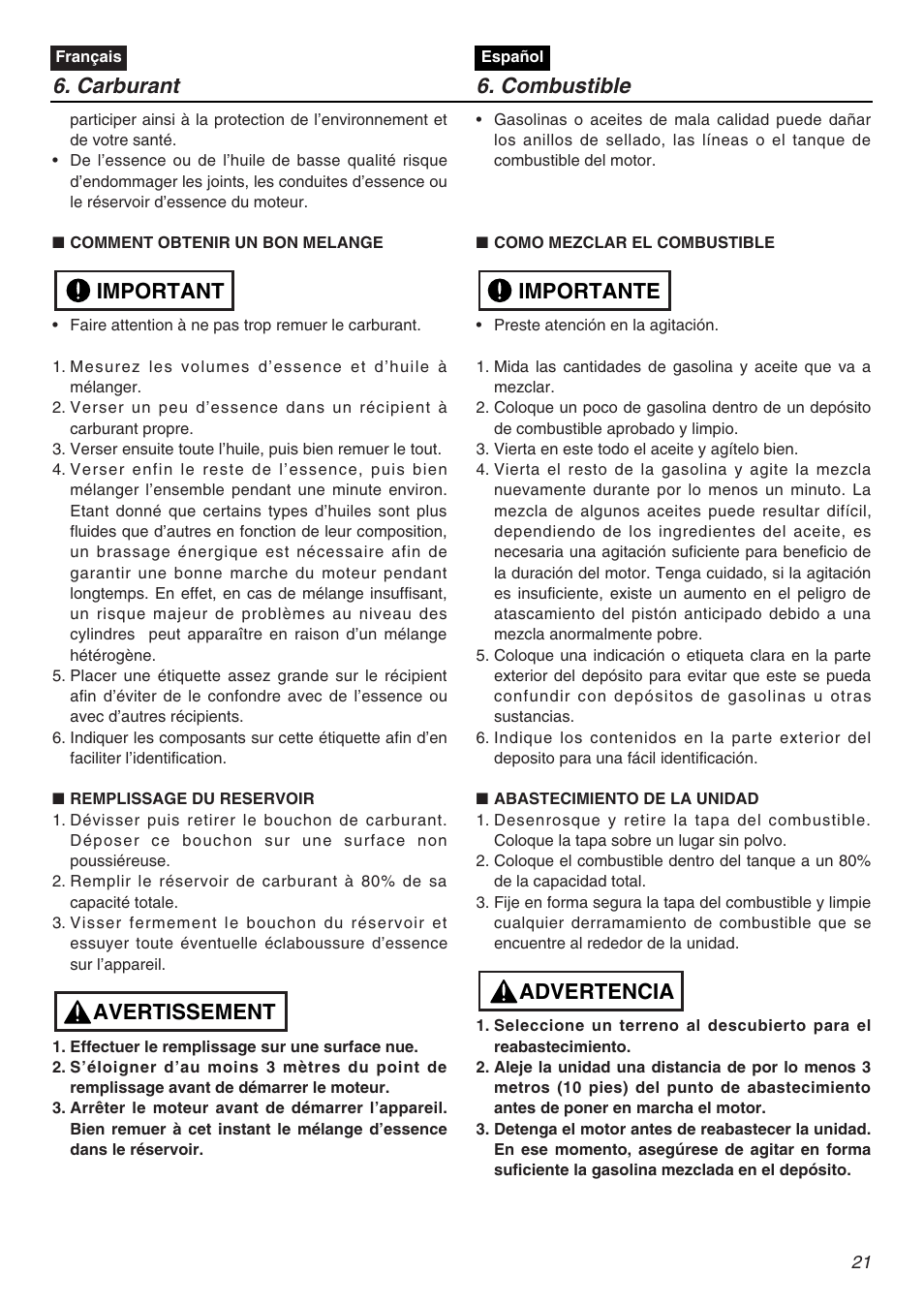 Avertissement important, Advertencia importante 6. carburant 6. combustible | Zenoah HTZ2401L  EU User Manual | Page 21 / 56