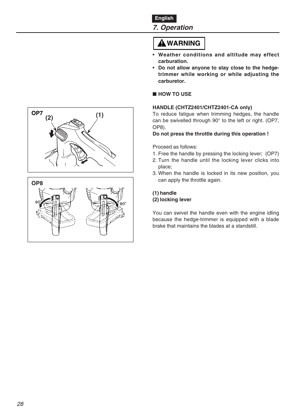 Operation, Warning | Zenoah HTZ2401L  EU User Manual | Page 28 / 56