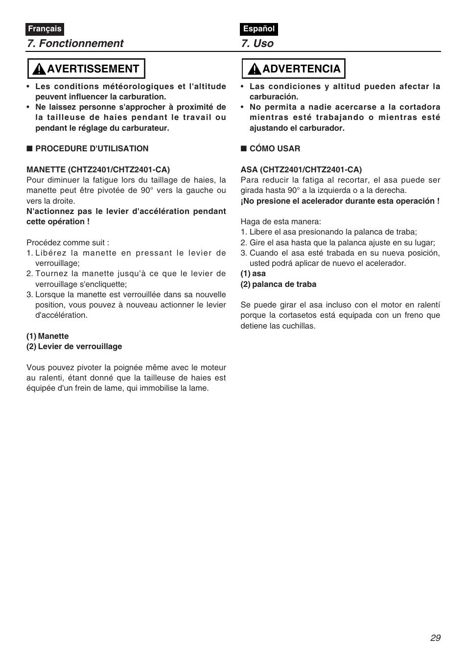 Fonctionnement 7. uso, Advertencia, Avertissement | Zenoah HTZ2401L  EU User Manual | Page 29 / 56