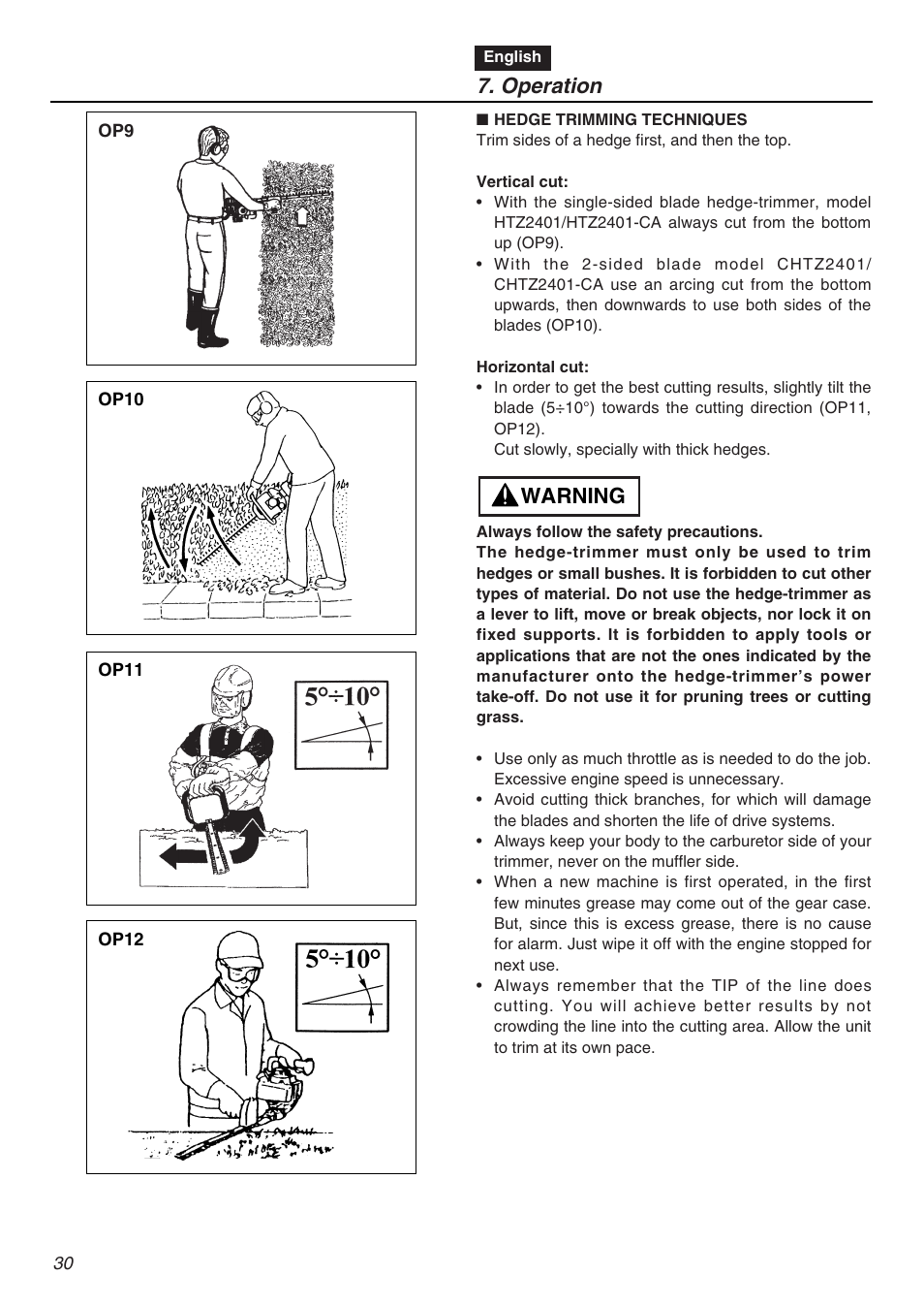 Operation, Warning | Zenoah HTZ2401L  EU User Manual | Page 30 / 56