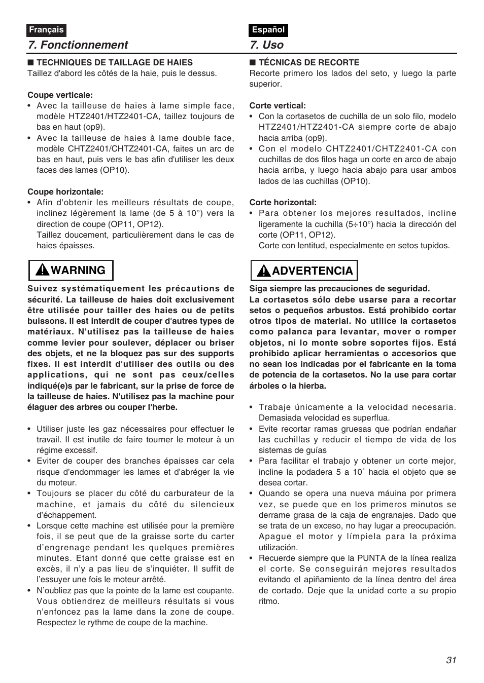 Fonctionnement 7. uso, Warning, Advertencia | Zenoah HTZ2401L  EU User Manual | Page 31 / 56
