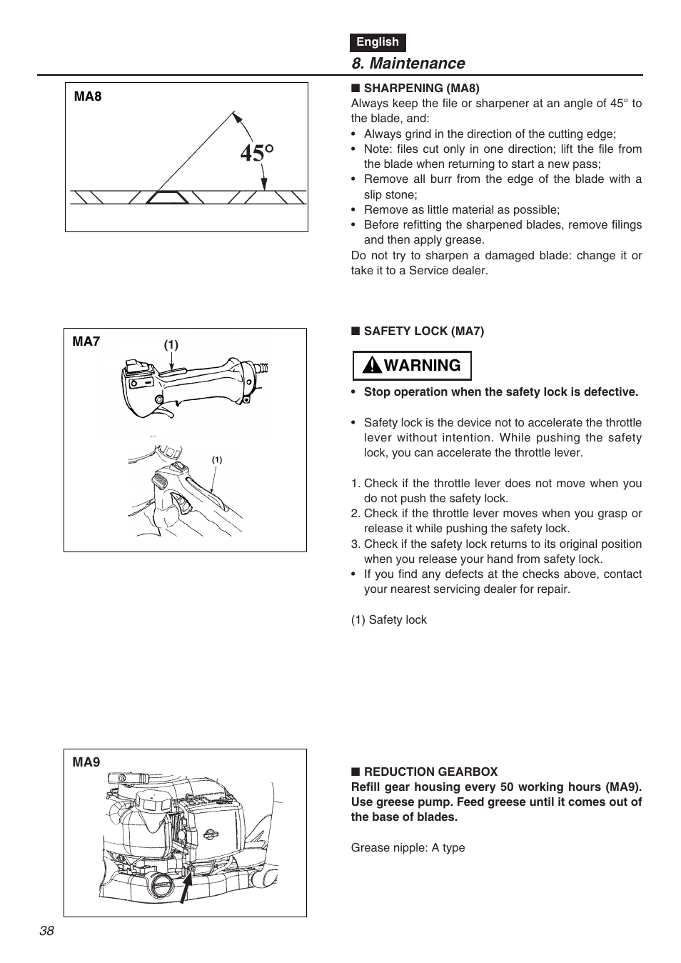 Maintenance, Warning | Zenoah HTZ2401L  EU User Manual | Page 38 / 56