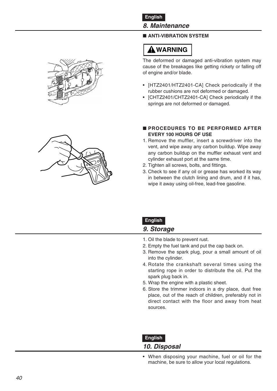 Storage, Disposal, Warning 8. maintenance | Zenoah HTZ2401L  EU User Manual | Page 40 / 56