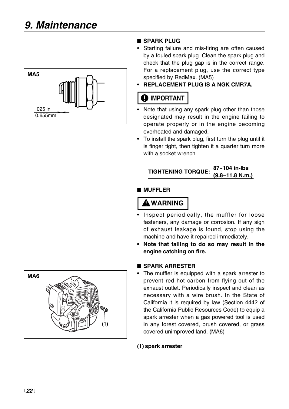 Maintenance | Zenoah SRTZ2500 User Manual | Page 22 / 32