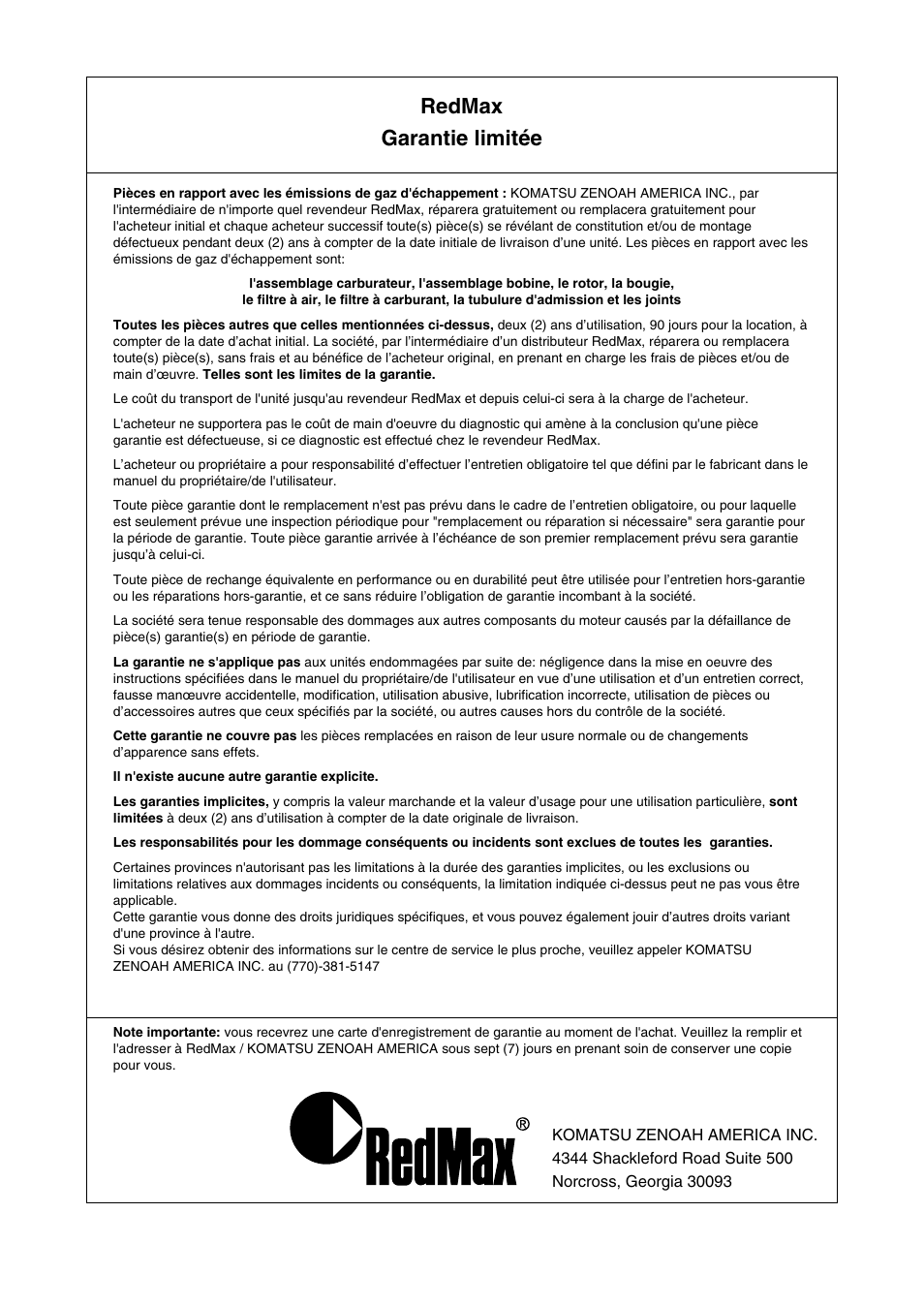 Redmax garantie limitée | Zenoah SRTZ2500 User Manual | Page 31 / 32
