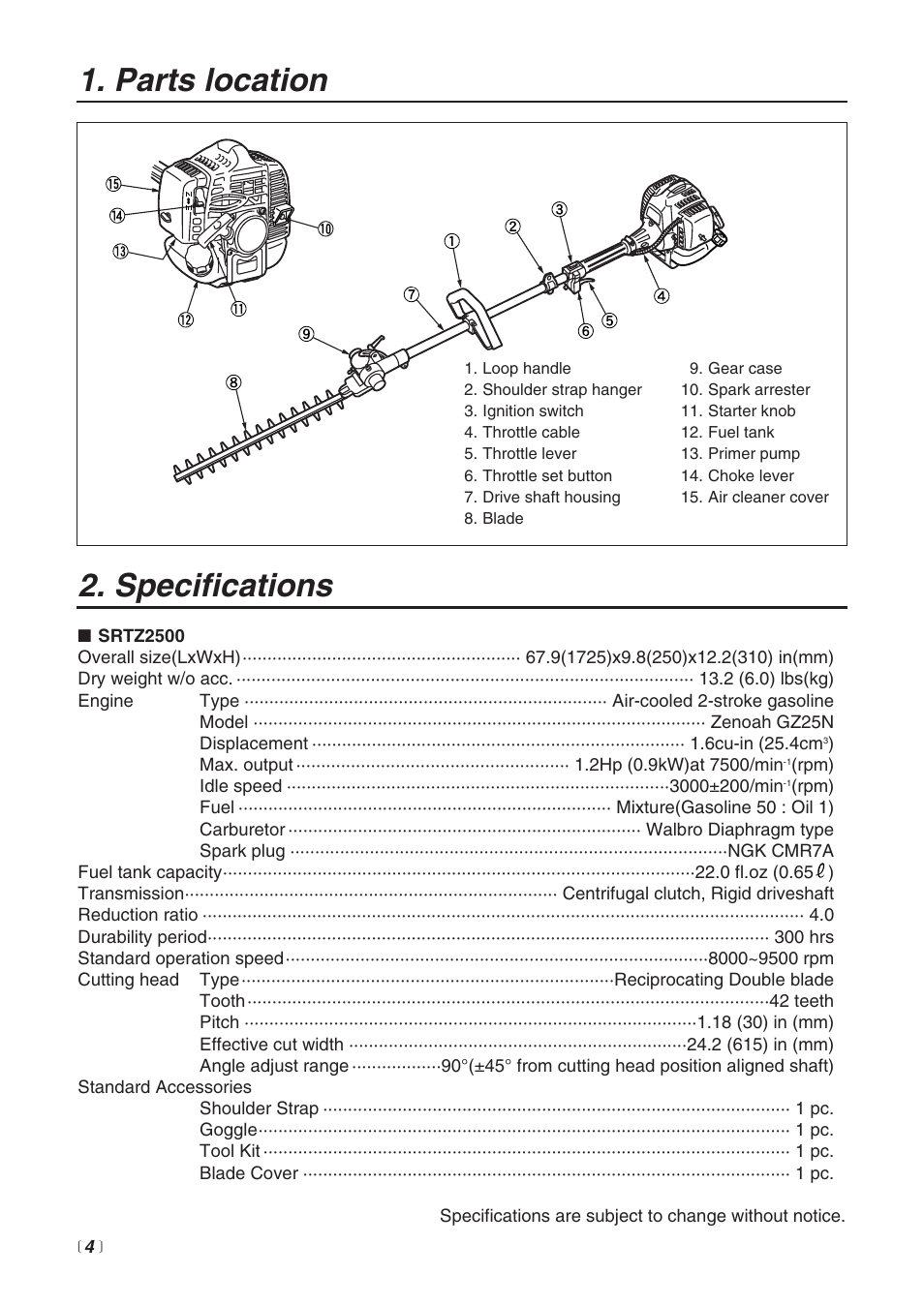 Specifications, Parts location | Zenoah SRTZ2500 User Manual | Page 4 / 32