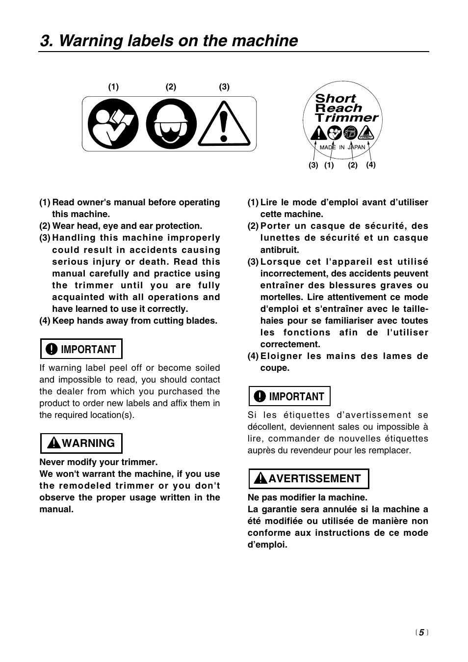 Warning labels on the machine | Zenoah SRTZ2500 User Manual | Page 5 / 32