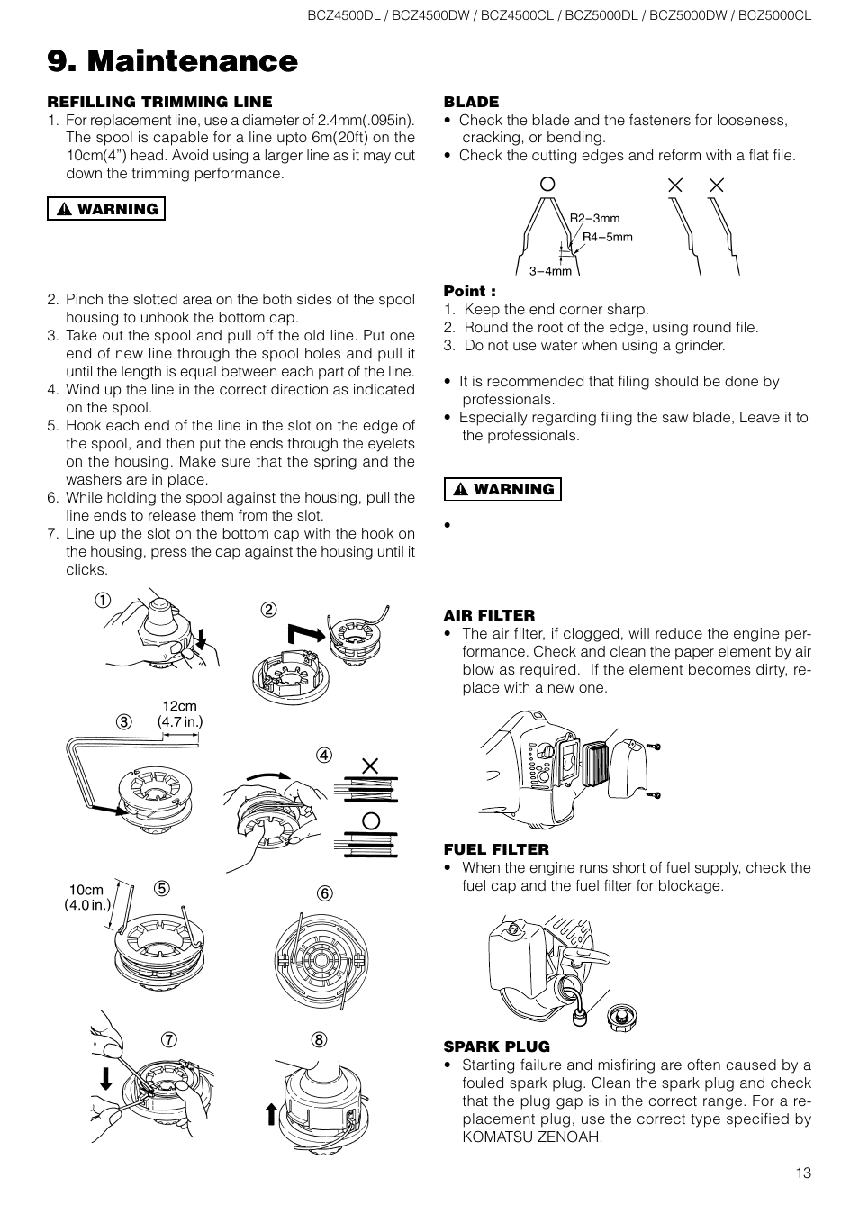 Maintenance | Zenoah BCZ5000DL/DW User Manual | Page 13 / 16