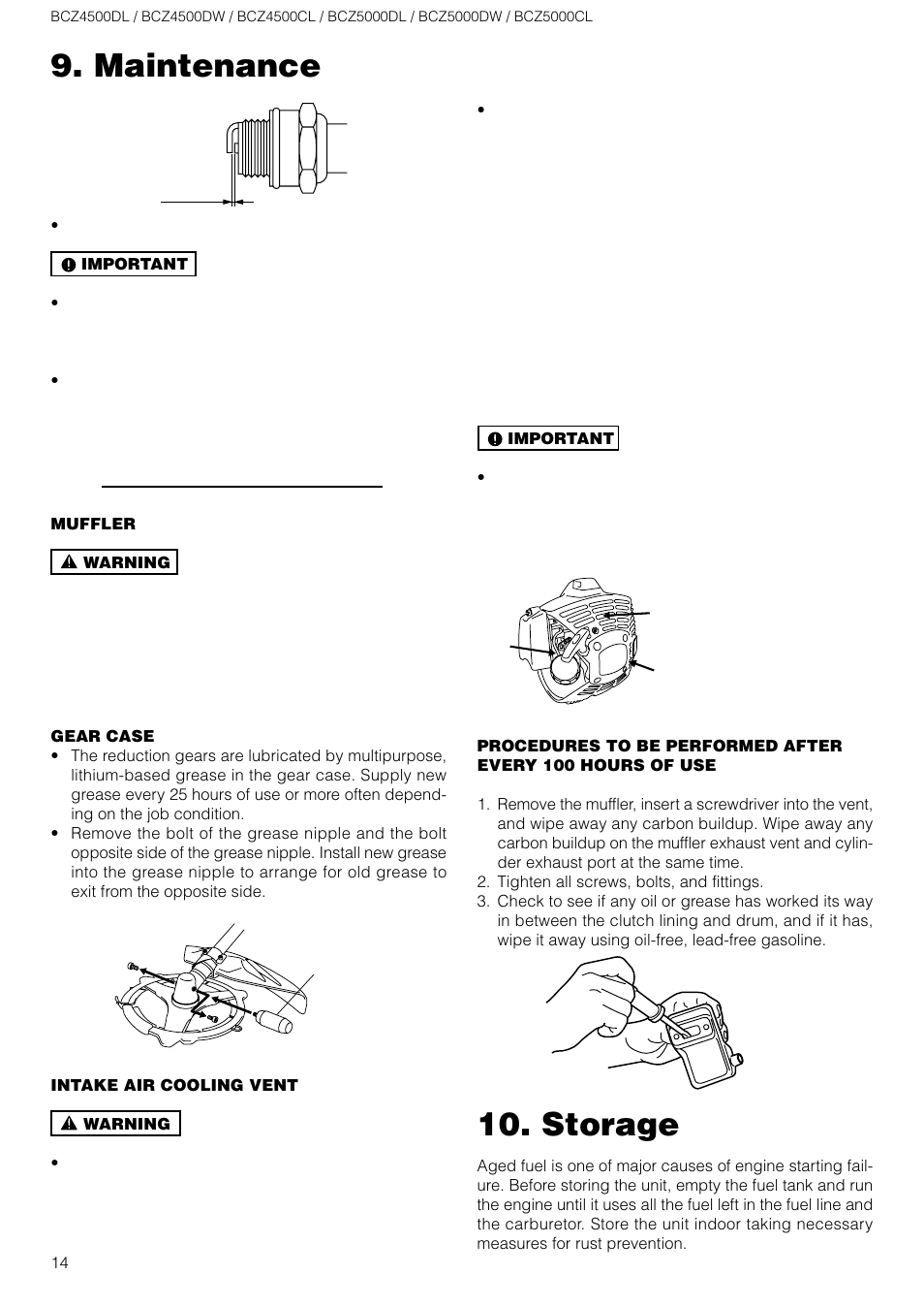 Storage, Maintenance | Zenoah BCZ5000DL/DW User Manual | Page 14 / 16