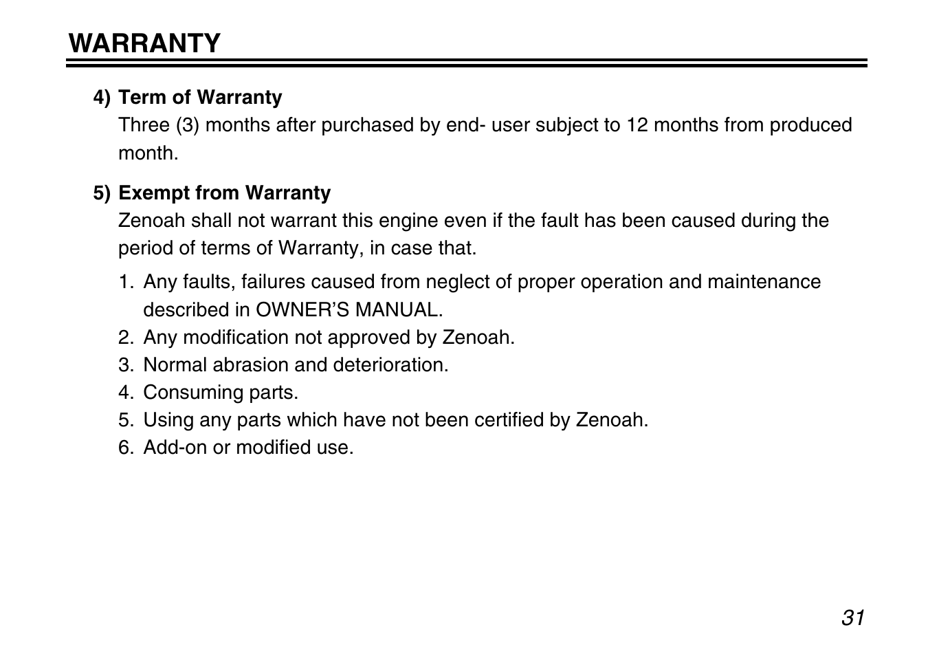 Warranty | Zenoah G240RC User Manual | Page 31 / 32