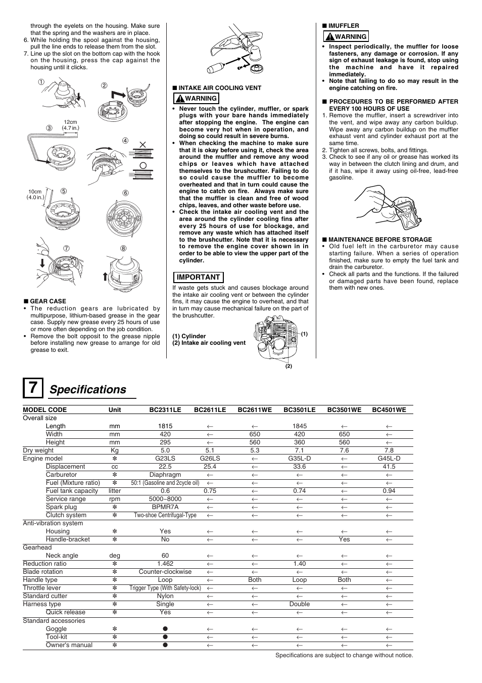 Specifications | Zenoah BC3501LE/WE User Manual | Page 4 / 4