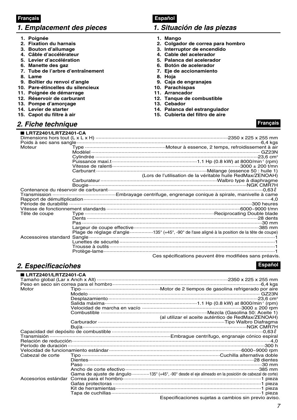 Emplacement des pieces 1. situación de las piezas, Fiche technique, Especificaciohes | Zenoah LRTZ2401 User Manual | Page 7 / 56