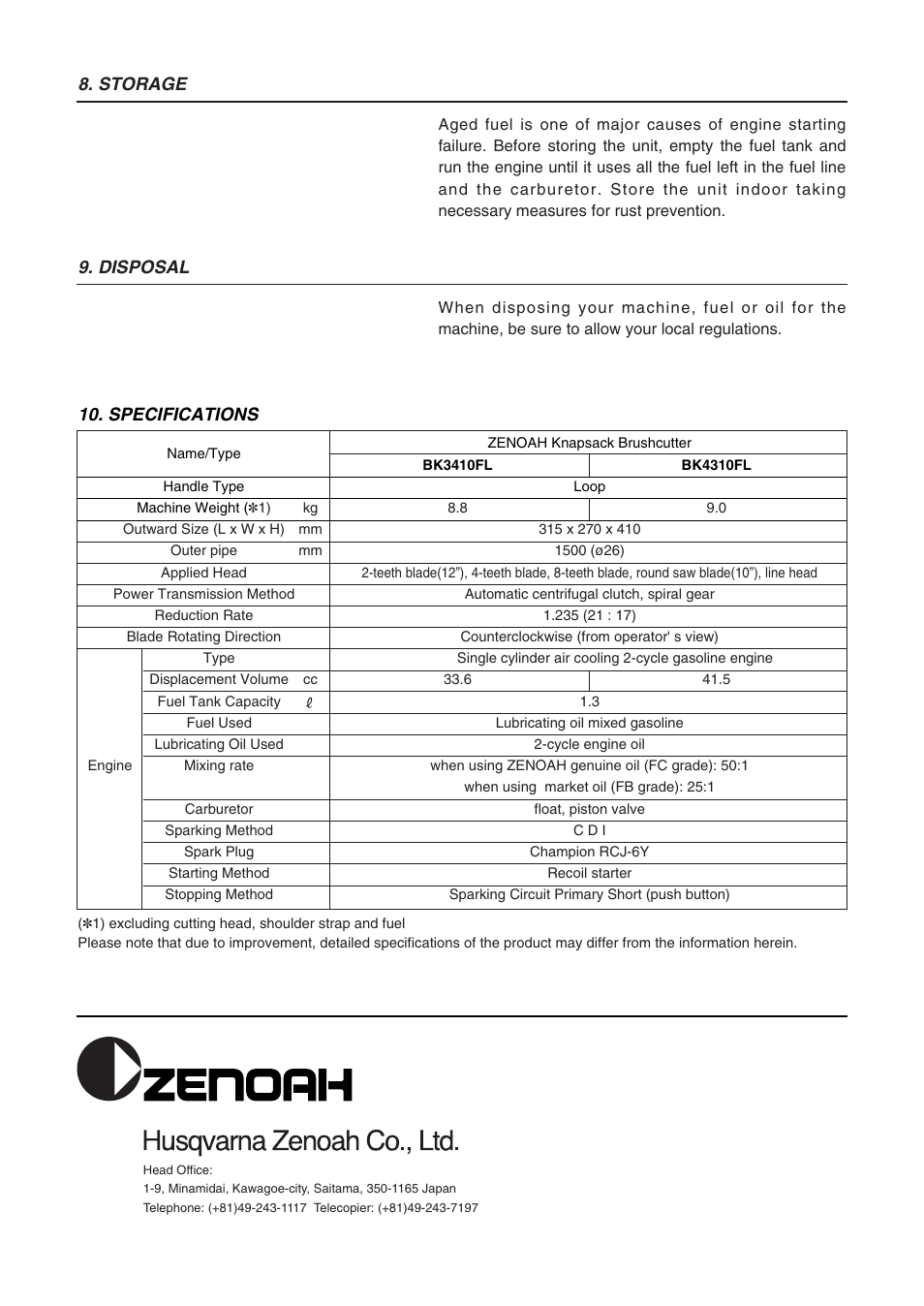 Specifications, Storage 9. disposal | Zenoah BK3410FL User Manual | Page 20 / 20