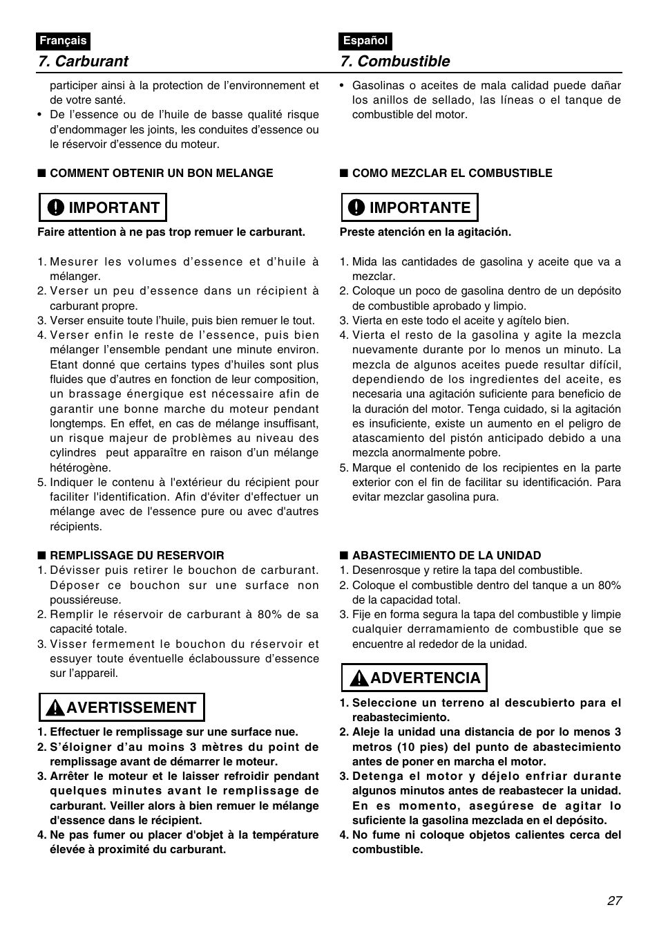 Avertissement important, Advertencia importante 7. carburant 7. combustible | Zenoah EBZ7100 User Manual | Page 27 / 60