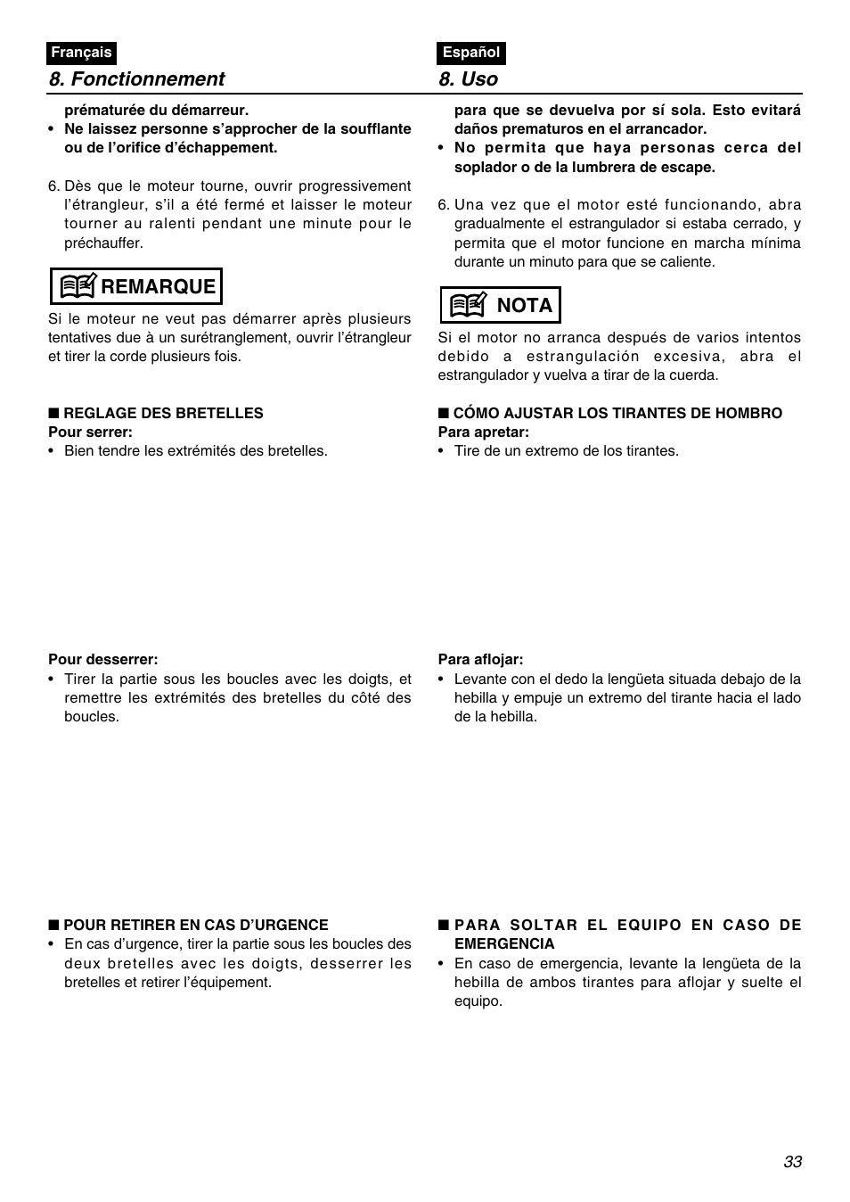 Fonctionnement 8. uso, Remarque, Nota | Zenoah EBZ7100 User Manual | Page 33 / 60