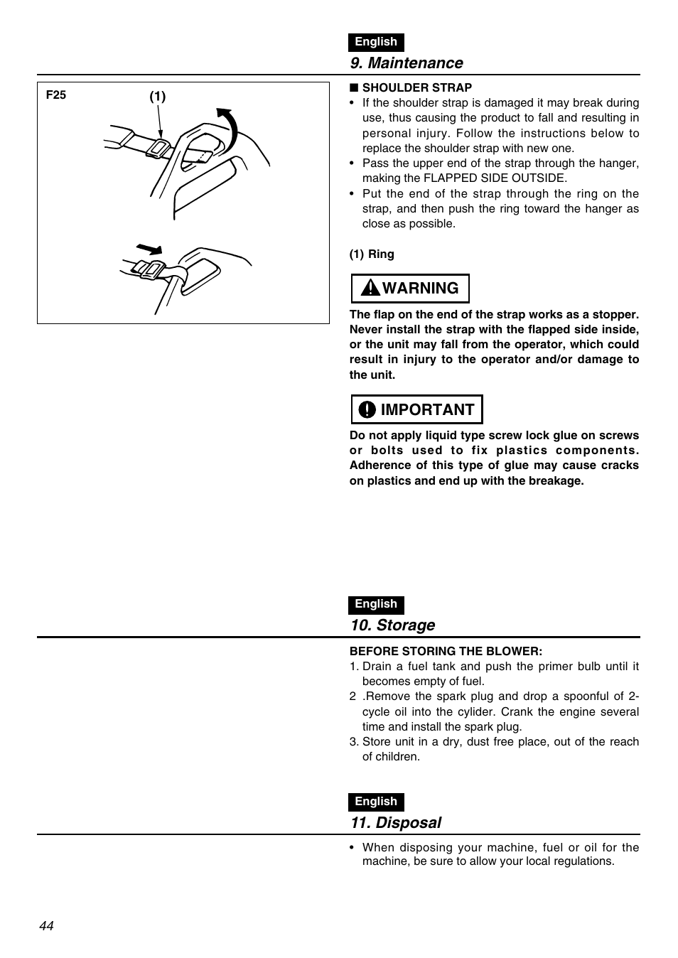 Maintenance, Important warning, Storage | Disposal | Zenoah EBZ7100 User Manual | Page 44 / 60