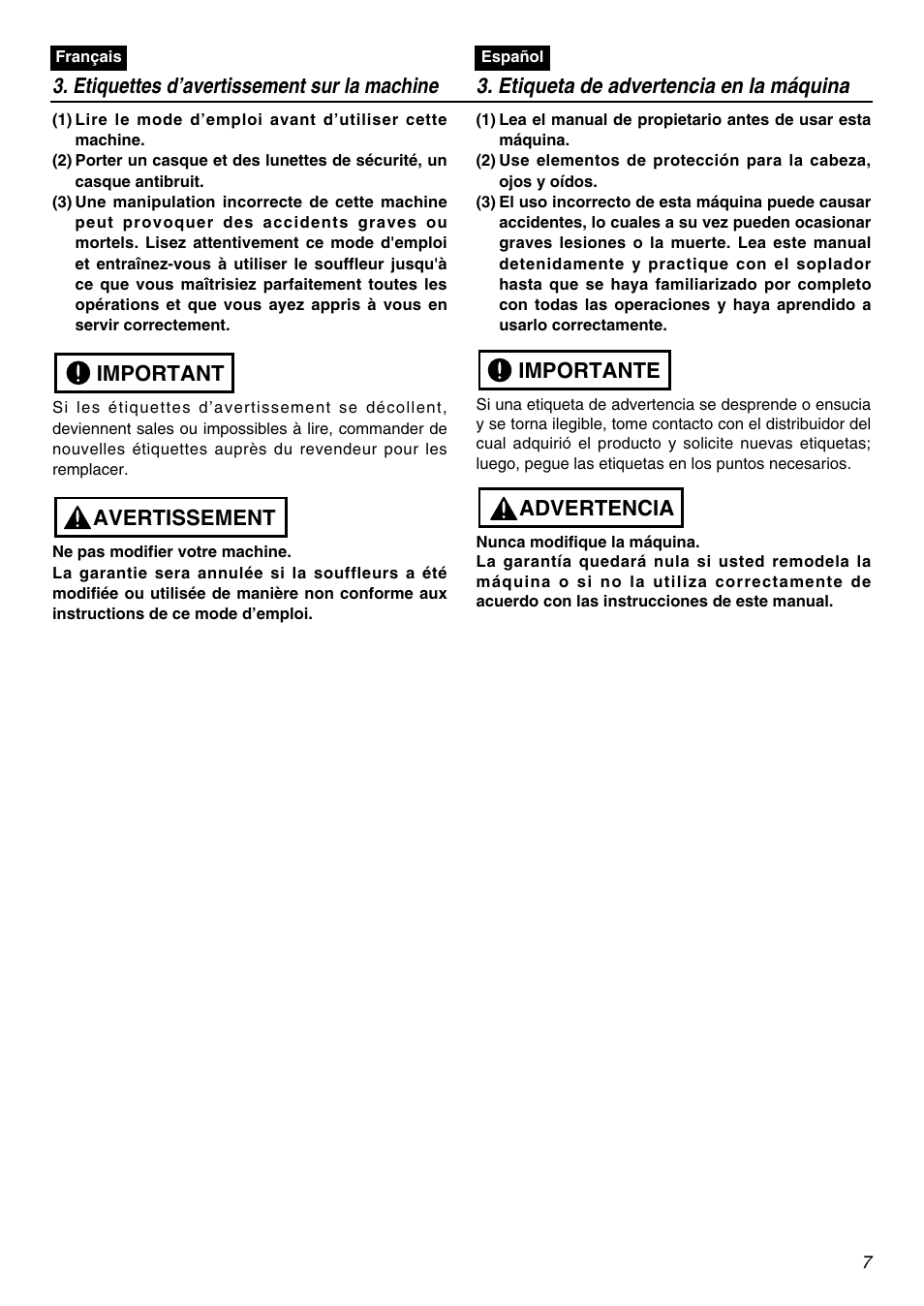 Avertissement important, Advertencia importante | Zenoah EBZ7100 User Manual | Page 7 / 60