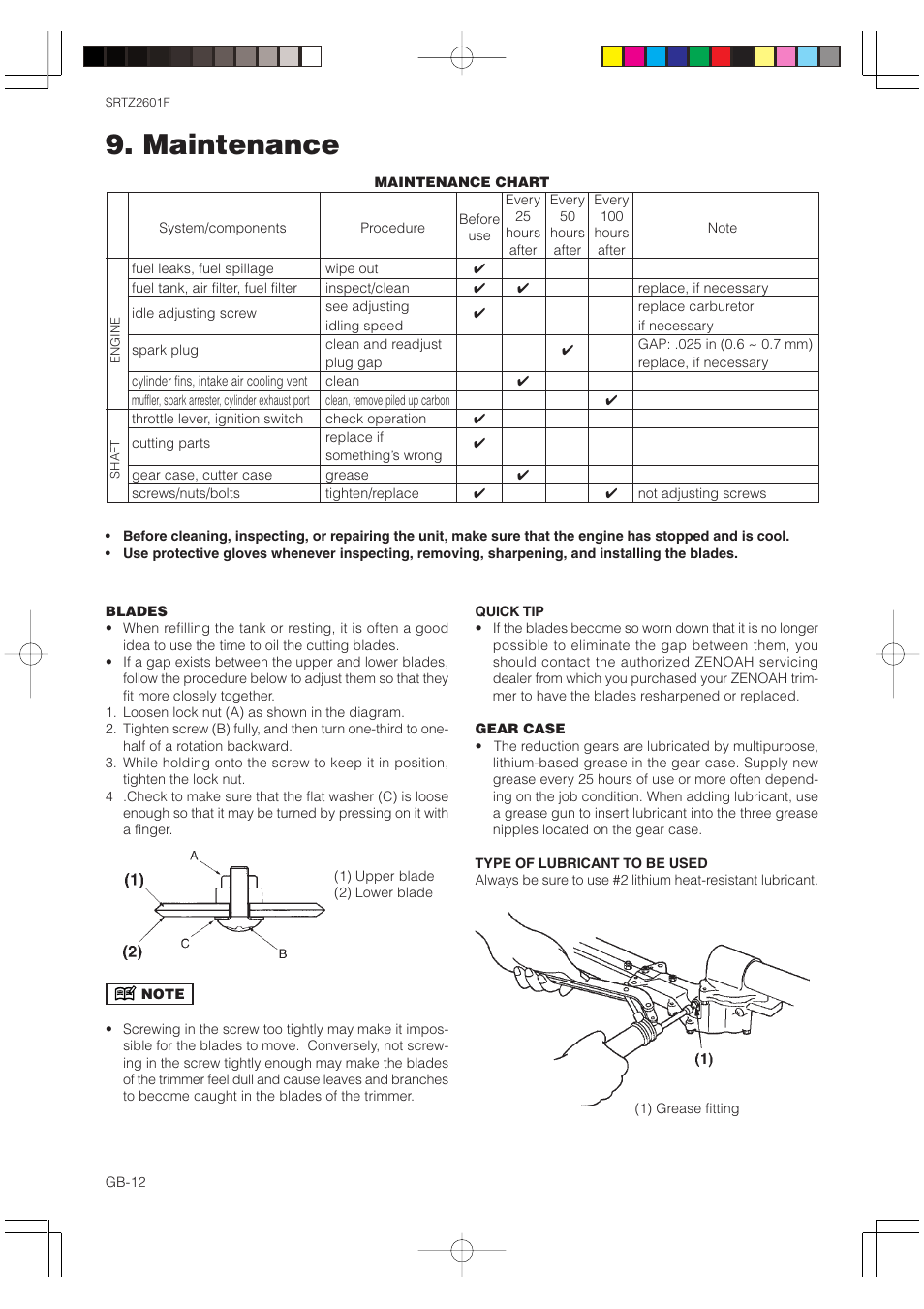 Maintenance | Zenoah SRTZ2601F User Manual | Page 12 / 15