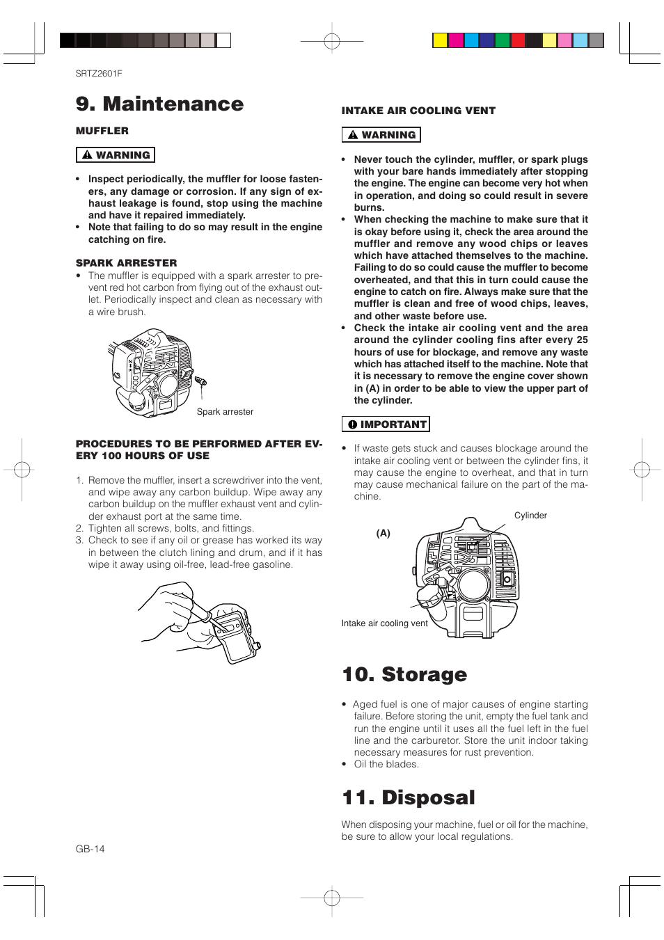 Maintenance, Storage, Disposal | Zenoah SRTZ2601F User Manual | Page 14 / 15