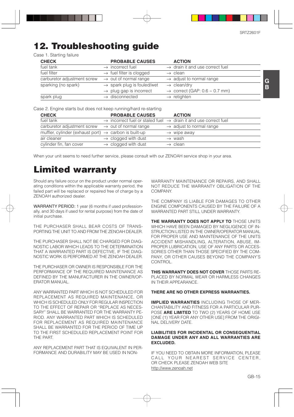 Limited warranty, Troubleshooting guide | Zenoah SRTZ2601F User Manual | Page 15 / 15