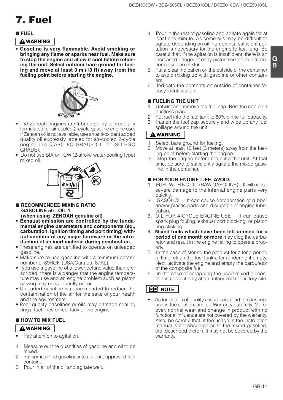 Fuel | Zenoah BCZ5010CL User Manual | Page 11 / 19