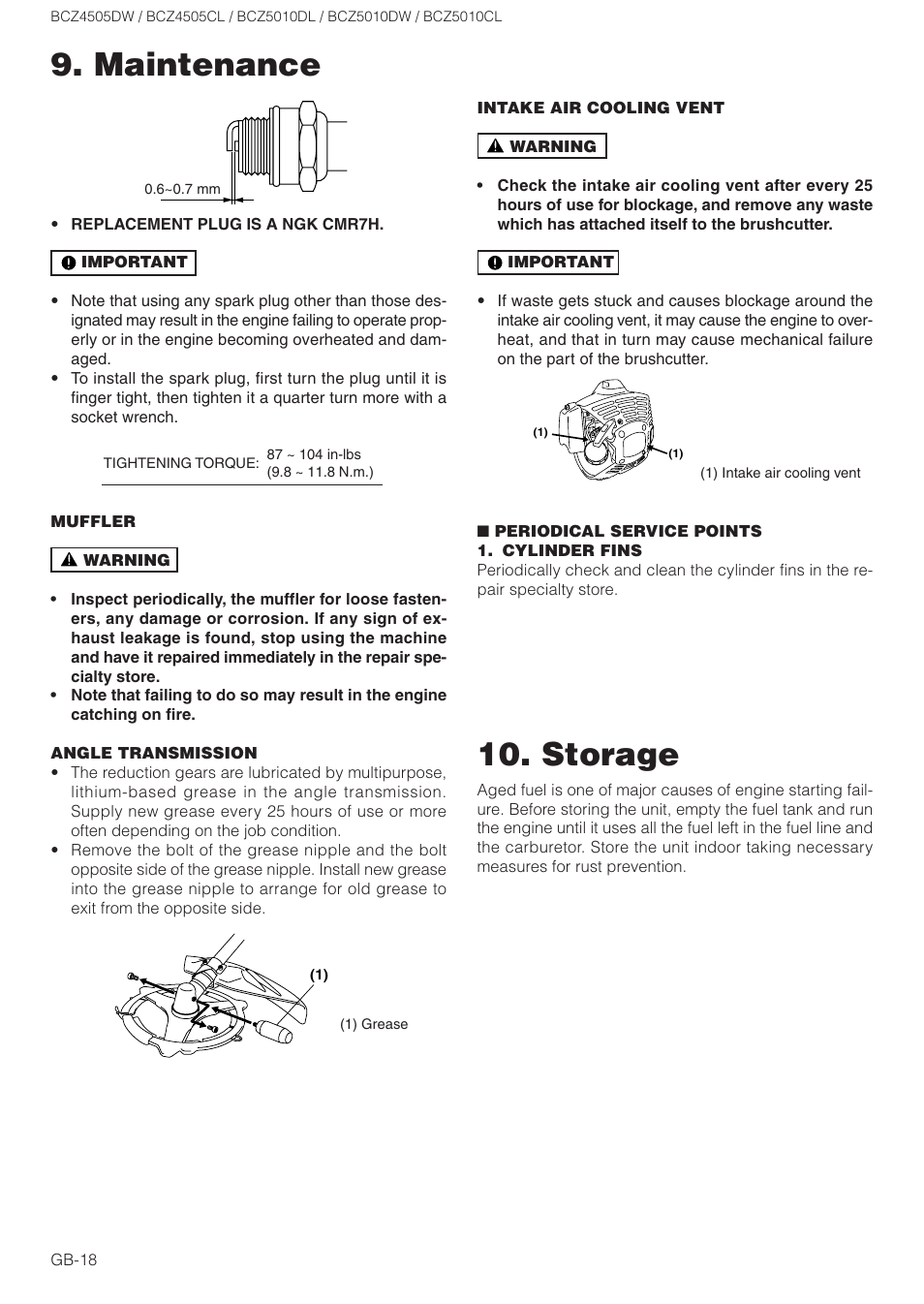 Storage, Maintenance | Zenoah BCZ5010CL User Manual | Page 18 / 19