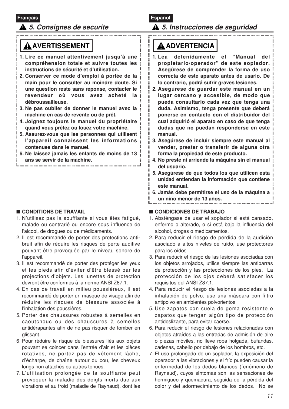 Advertencia, Avertissement | Zenoah EBZ5100 User Manual | Page 11 / 60