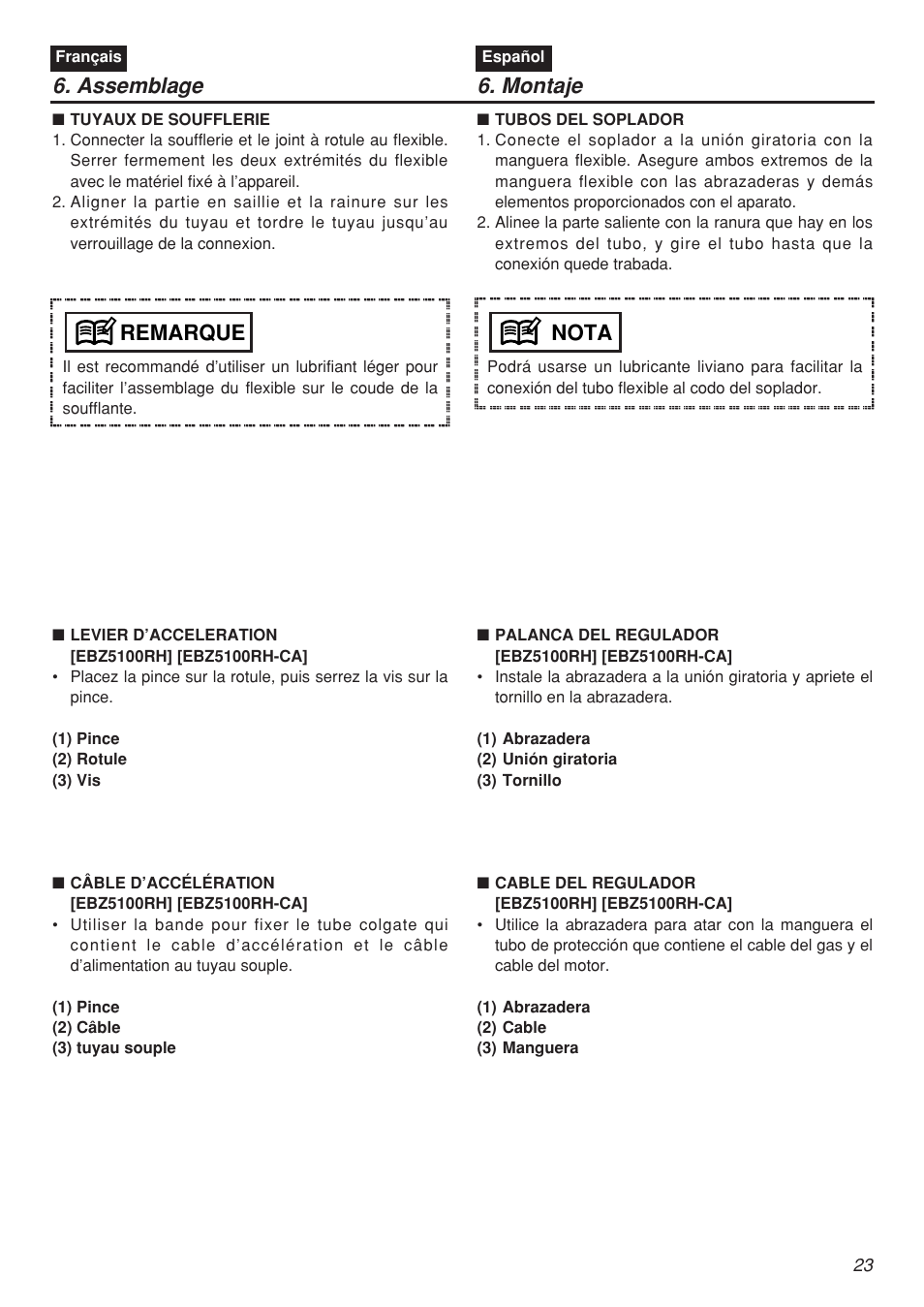 Assemblage 6. montaje, Remarque, Nota | Zenoah EBZ5100 User Manual | Page 23 / 60