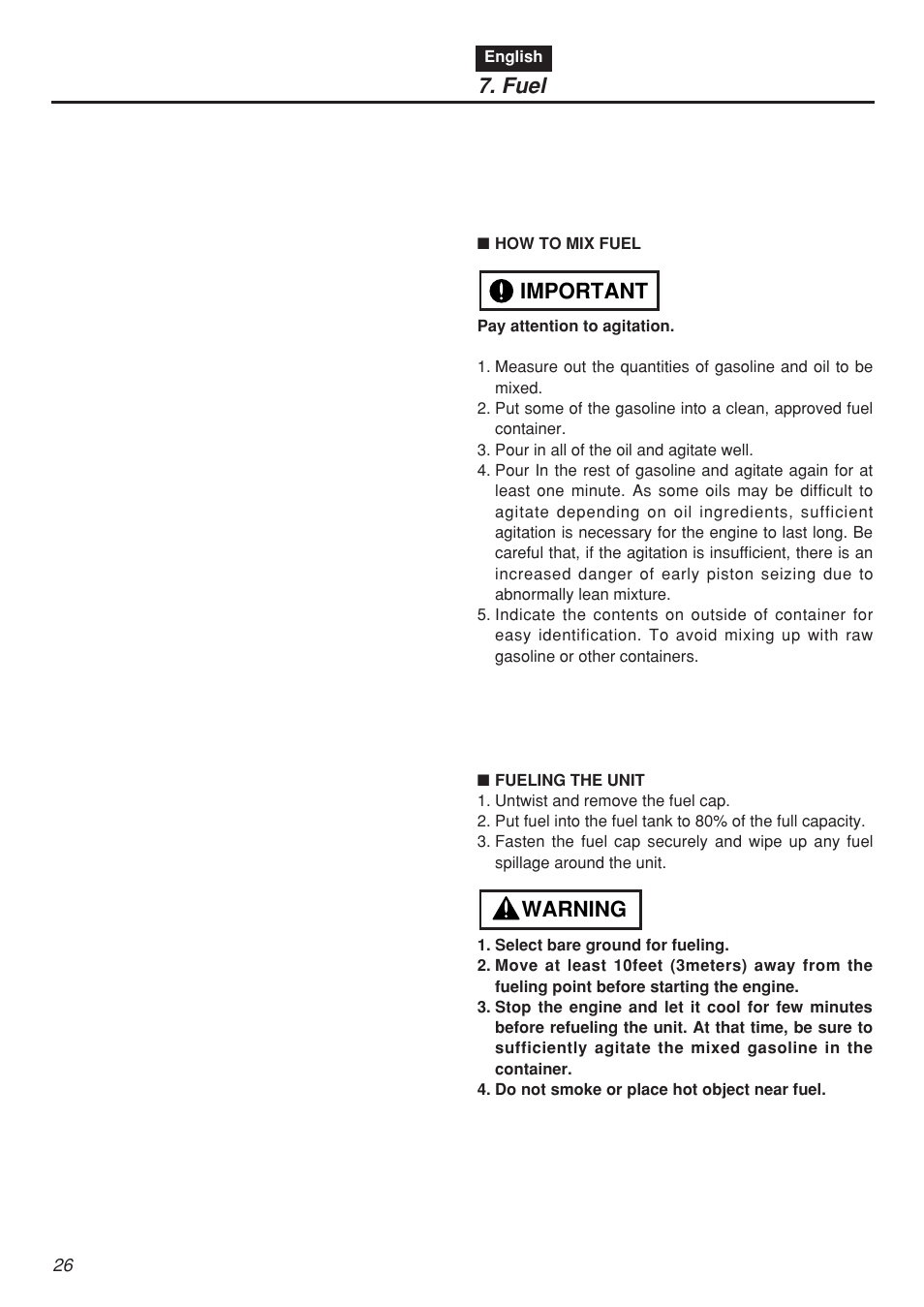 Fuel, Warning important | Zenoah EBZ5100 User Manual | Page 26 / 60