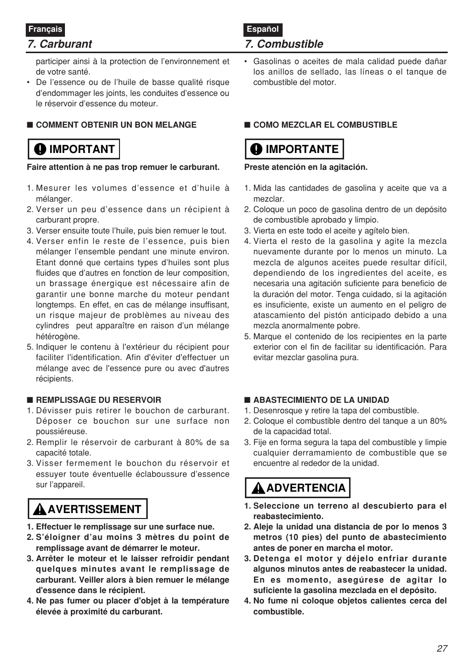 Avertissement important, Advertencia importante 7. carburant 7. combustible | Zenoah EBZ5100 User Manual | Page 27 / 60