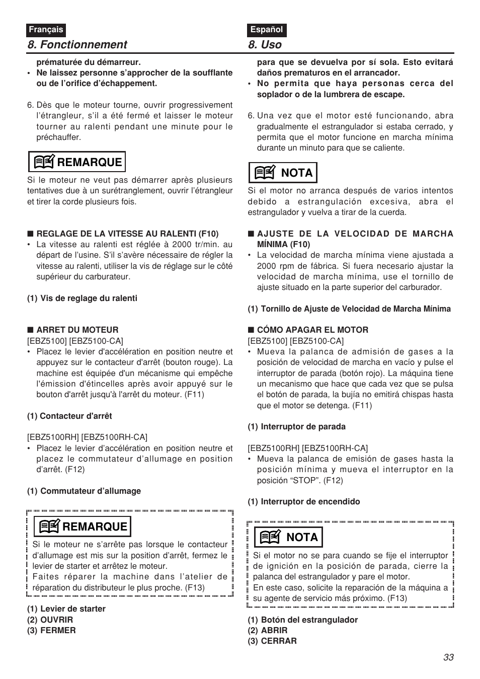 Fonctionnement 8. uso, Remarque, Nota | Zenoah EBZ5100 User Manual | Page 33 / 60