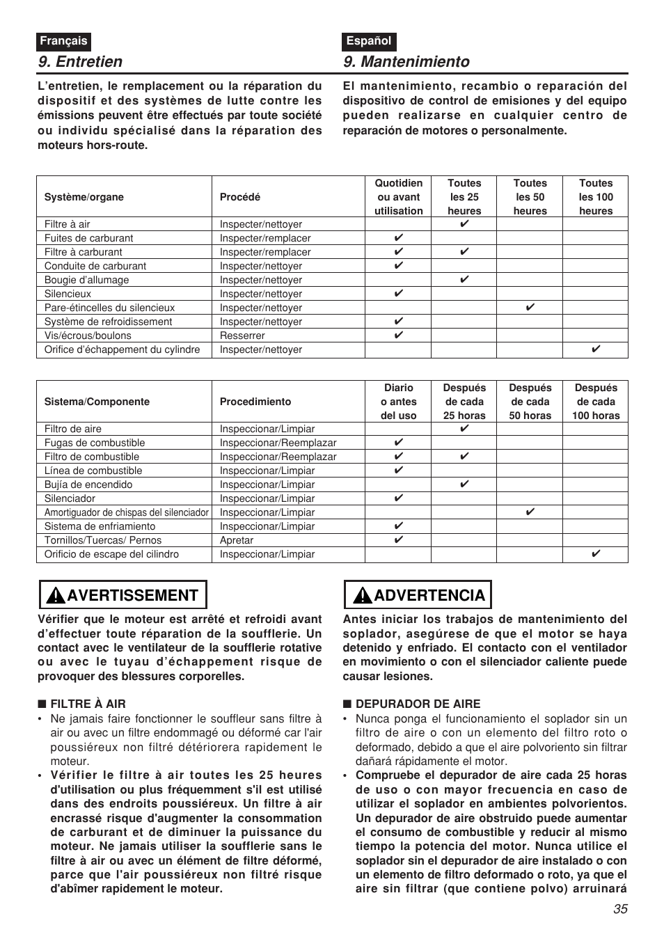 Entretien, Avertissement, Advertencia | Mantenimiento | Zenoah EBZ5100 User Manual | Page 35 / 60