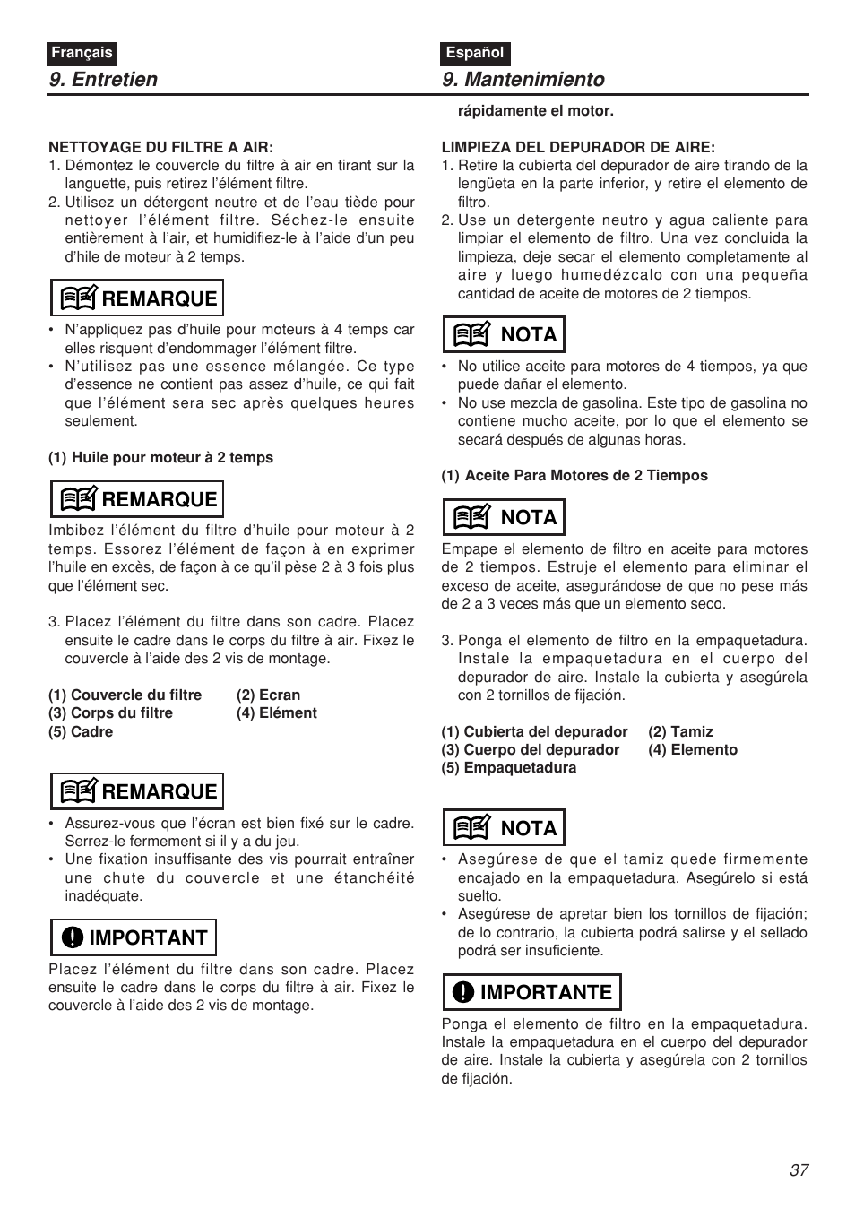 Entretien 9. mantenimiento, Important remarque remarque remarque, Importante nota nota nota | Zenoah EBZ5100 User Manual | Page 37 / 60