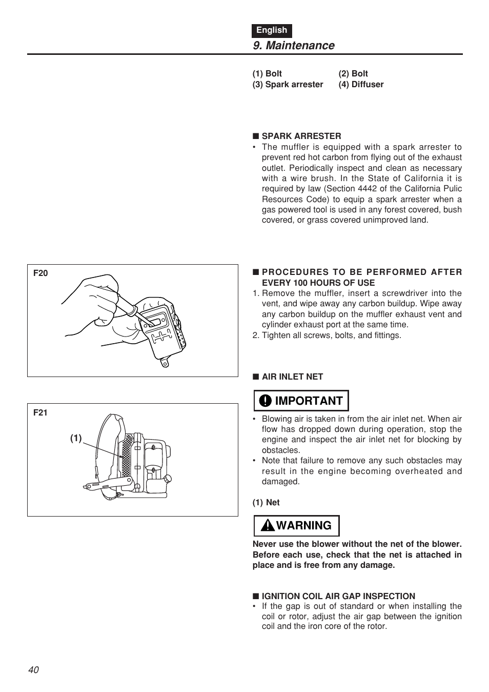 Maintenance, Warning important | Zenoah EBZ5100 User Manual | Page 40 / 60