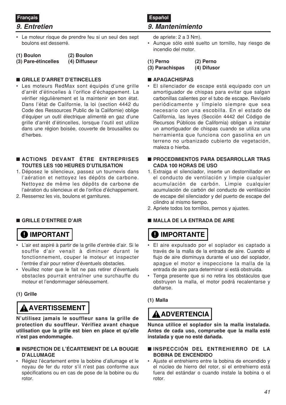 Entretien 9. mantenimiento, Avertissement important, Advertencia importante | Zenoah EBZ5100 User Manual | Page 41 / 60