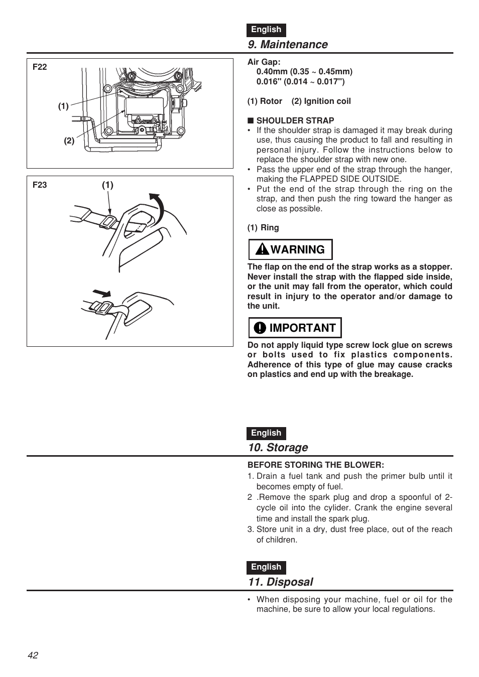 Maintenance, Important warning 10. storage, Disposal | Zenoah EBZ5100 User Manual | Page 42 / 60